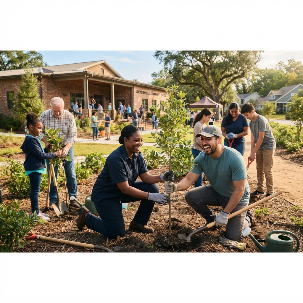 Volunteers planting trees together in a Jacksonville neighborhood